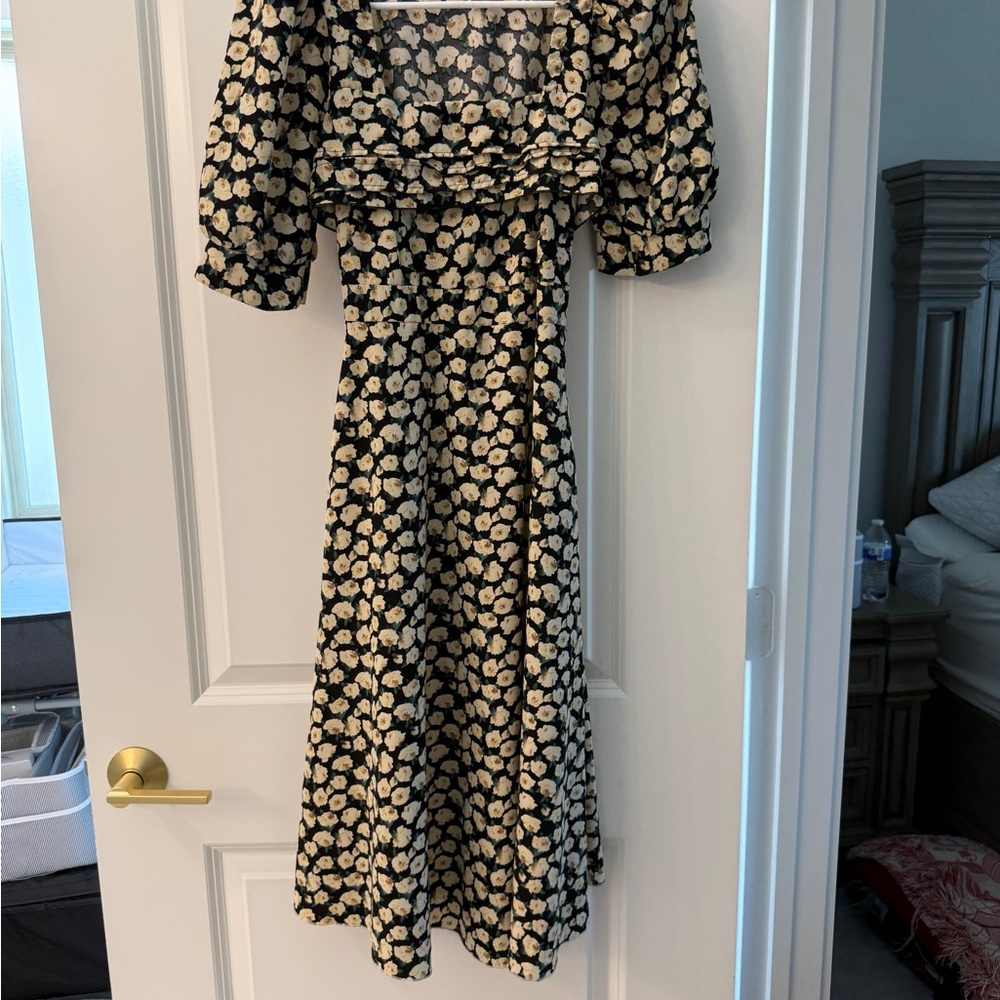 Black and Cream Floral Midi Dress - Classic Feminine Style